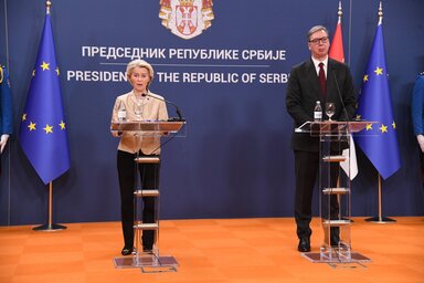 Ursula von der Leyen és Aleksandar Vučić közös sajtótájékoztatója (Fotó: Beta)
