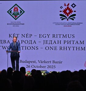 Hankó Balázs kultúráért és innovációért felelős miniszter ünnepi beszédében a két nép közötti barátságot és a közös értékek fontosságát hangsúlyozta (Fotó: Ótos András felvétele)