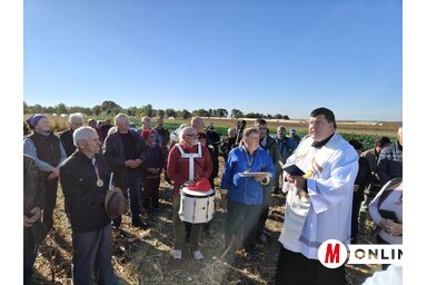 Az érdemi munka előtt ft. Sáfrány Dávid plébános áldotta meg a kukoricatörőket (Horváth Zsolt felvétele)