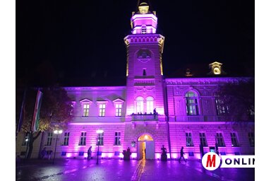Lila színben pompázik a nagykikindai városháza. (Vidács Hajnalka felvétele)