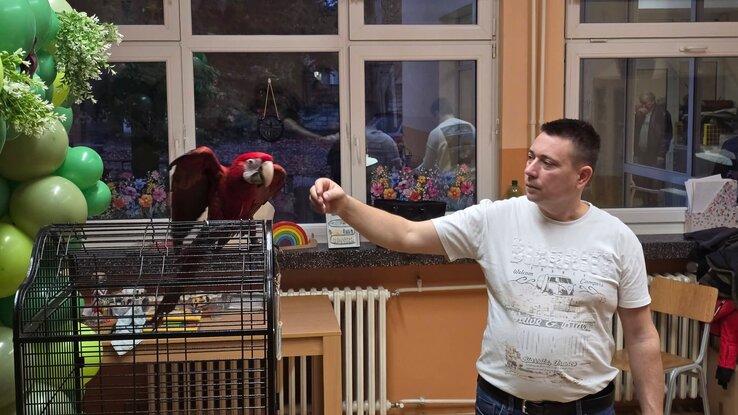 A vörös tollú papagáj a nap sztárja lett, mindenki elbűvölve nézte  (Varga Zoltán felvétele)