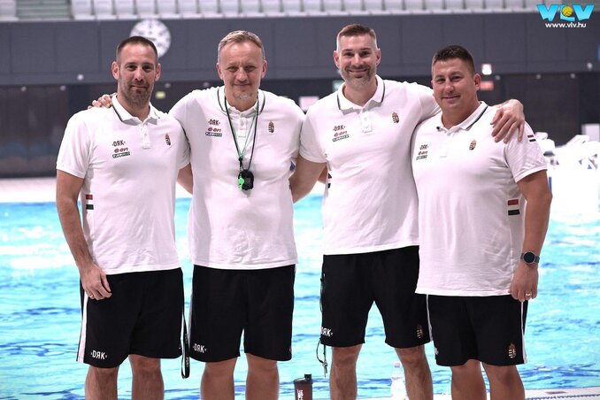 A magyar válogatott szűk szakmai stábja (balról jobbra): Lukács Gergely másodedző, Varga Zsolt szövetségi kapitány, Gárdonyi András kapusedző és Prikidánovics Nándor csapatmenedzser
Stuber Sándor/vlv.hu  felvétele