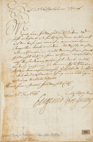 Savoyai Jenő herceg levele háromnyelvű aláírással: olaszul, németül és franciául (Bécs, 1716. április 1.)
