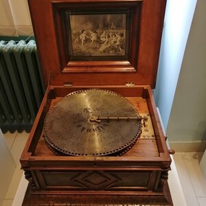 Polyphon, avagy egy tárcsás lemezjátszó, zenélő doboz, amely fémlemezek segítségével szólaltatott meg dallamokat (1897) (Csík Mónika felvétele)