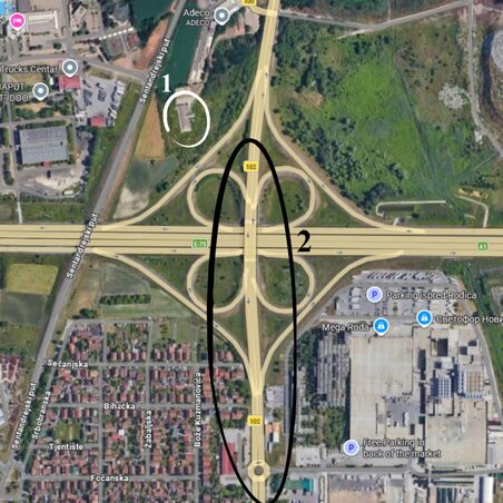 A jobb érthetőség és tájékozódás céljából: 1. Az egykori cs. kir. 1. számú lőporraktár épülete, 2. A Temerini út mentén valahol a bejelölt részen állhatott egykoron az 1880-as évek végén kivágott hatalmas fekete nyárfa (Képernyőfelvétel/Google maps)