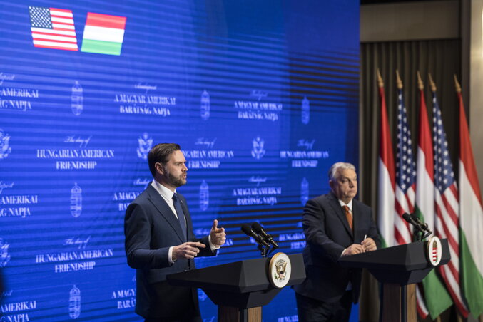 J. D.Vance és Orbán Viktor sajtótájékoztatója a Karmelitában (Fotó: MTI)