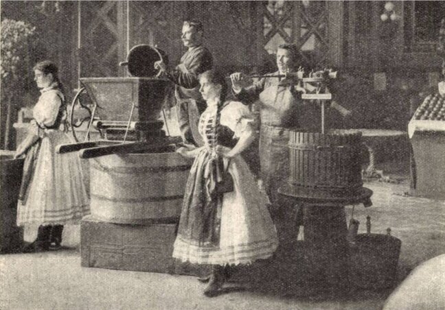 A must készítésének bemutatása az 1904-es budapesti országos gyümölcs-kiállításon (Vasárnapi Ujság, 1904. 10. 23.)