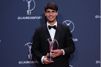 Idén Carlos Alcaraz vehette át a Laureus-díjat a férfiak mezőnyében, a közvélemény viszont inkább Tadej Pogačart tüntette volna ki (Fotó: Beta/AP)
