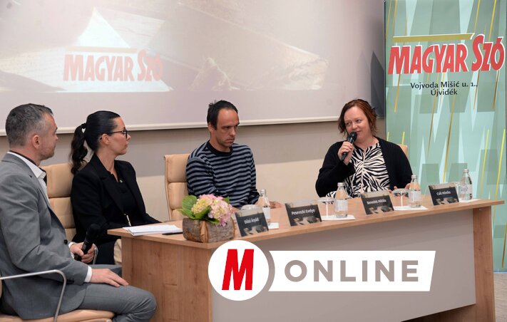 Arpad Dioši, zamenik glavnog i odgovornog urednika, Evelin Peševski, glavna i odgovorna urednica, Mikloš Benedek, pesnik, urednik omladinskog lista „Kepeš ifjušag”, kao i Monika Čik, pesnikinja, novinarka i urednica (fotografija Čile David)