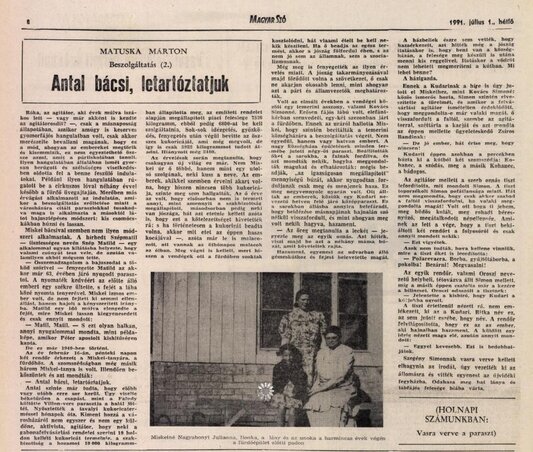 Az 1991-es újságcikk, amely a Magyar Szóban jelent meg