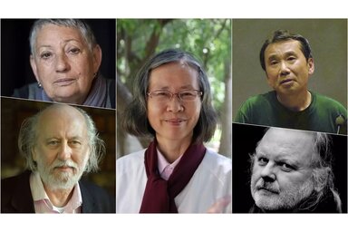 Krasznahorkai László, Ljudmila Ulickaja, Can Xue, Murakami Haruki, Jon Fosse, Fotó/Forrás: Szilágyi Lenke; Kaszás Tamás / Fidelio; The Booker Prizes; Wikipedia