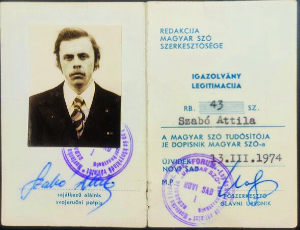Szabó Attila első tudósítói igazolványát 1974-ben a Magyar Szó adta ki Kalapis Zoltán aláírásával, fotó: Szabó Attila