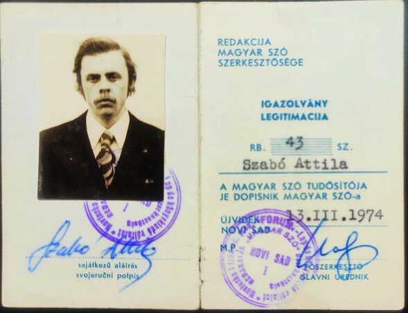 Szabó Attila első tudósítói igazolványát 1974-ben a Magyar Szó adta ki Kalapis Zoltán aláírásával, fotó: Szabó Attila Szabó Attila első tudósítói igazolványát 1974-ben a Magyar Szó adta ki Kalapis Zoltán aláírásával, fotó: Szabó Attila