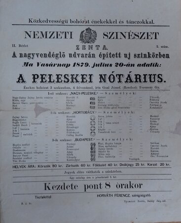 Színházi plakát 1879-ből, fotó: Történelmi Levéltár Zenta