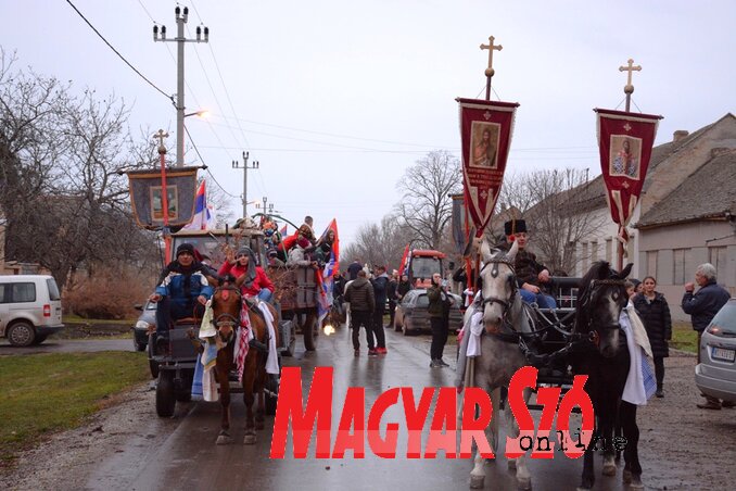 Nádalján lovakkal és kocsikkal hozták a közös ünnepre a kivágott
tölgyfaágakat (Fotó: Paraczky László felvétele)