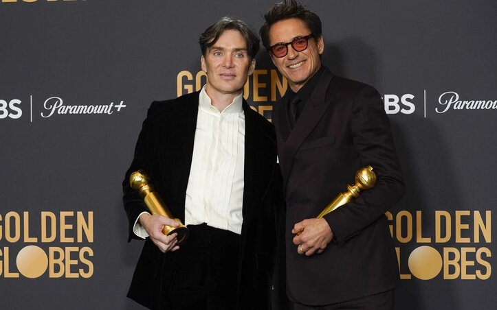 Cillian Murphy a drámai filmes mezőny legjobb színészének díját vehette át, Robert Downey Jr. lett a legjobb mellékszereplő, fotó: AFP Cillian Murphy a drámai filmes mezőny legjobb színészének díját vehette át, Robert Downey Jr. lett a legjobb mellékszereplő, fotó: AFP