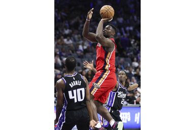 Zion Williamson a New Orleans egyik vezéreként 31 pontot szórt csapata sorsdöntő sacramentói derbigyőzelmén, amely közel hozta a Pelicans számára a playoffot (Fotó: Beta/AP)