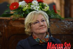 Szili Katalin miniszterelnöki főtanácsadó a KÉSZ-fórumsorozatán az Együttműködő nemzet - A határon túli magyarság helyzete és jövője című beszélgetésen Szabadkán a városháza dísztermében.