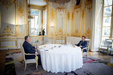 Az Élysée-palotában tárgyalt a magyar kormányfő és a francia államfő (Fotó: MTI/Miniszterelnöki Sajtóiroda)
