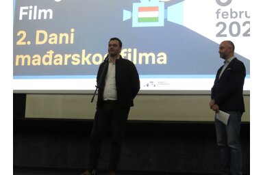 Kaszab Róbert és Ivan Aranđelović, Belgrád Kultúrközpontja filmes programjának szerkesztője nyitották meg a Magyar Filmnapokat Belgrádban (Miklós Hajnalka)