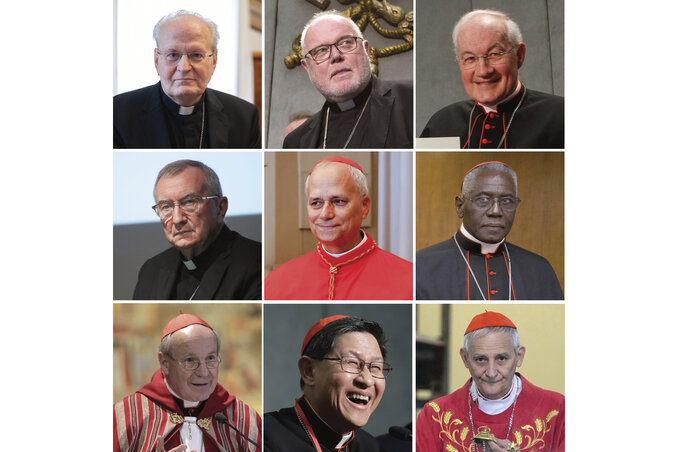 A pápajelölt bíborosok (balról a felső sorban): Erdő Péter, Reinhard Marx és Marc Ouellet, a középső sorban: Pietro Parolin, Robert Prevost és Robert Sarah, alsó sor: Christoph Schönborn, Luis Tagle és Matteo Zuppi (Fotó: AP via Beta) A pápajelölt bíborosok (balról a felső sorban): Erdő Péter, Reinhard Marx és Marc Ouellet, a középső sorban: Pietro Parolin, Robert Prevost és Robert Sarah, alsó sor: Christoph Schönborn, Luis Tagle és Matteo Zuppi (Fotó: AP via Beta)