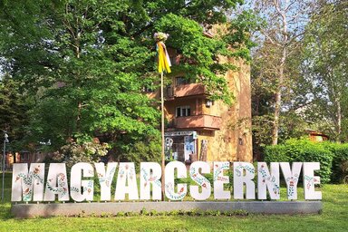Szalaggal, virággal díszített májusfa Magyarcsernye központjában (Fotó: Vidács Hajnalka)