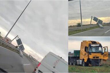 A ma reggeli baleset során egy teherautó egy oszlopnak csapódott, majd lesodródott az úttestről (Fotó: Screenshot/Instagram/192.rs