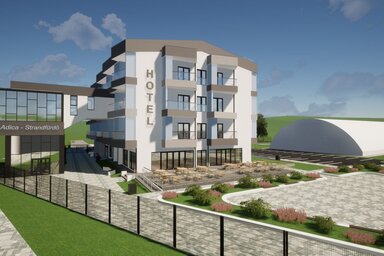 A leendő hotel látványterve a térrel és a parkolókkal