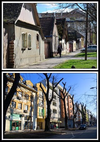 A Kraljevića Marka utca régen és most. A nádtetős házak, valaha a város örökségének részei, a fejlődés nevében tűntek el. (Dávid Csilla felvétele)