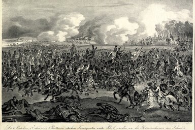 Jelenet a kátyi ütközetből (Magyar Nemzeti Múzeum Történelmi Képcsarnok. Grafikai Gyűjtemény Ltsz. 84.131. Perczel Mór kátyi csatája, 1849. június 7., ismeretlen osztrák mester litográfiája)