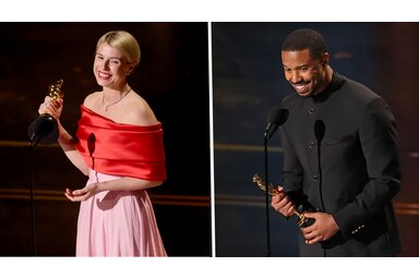 Jessie Buckley és  Michael B. Jordan az Oscar-szobrocskával/Fotó: abc7.com