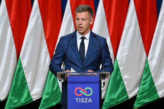 Magyar Péter hétfői nemzetközi sajtótájékoztatója (Fotó: MTI)