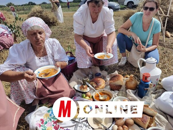 A kimerítő munka után, a tűző napsütésben jólesik az aratóreggeli…