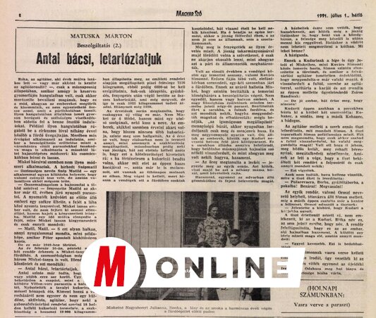 Az 1991-es újságcikk, amely a Magyar Szóban jelent meg
