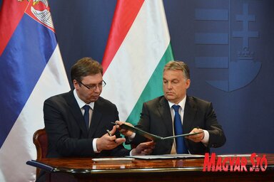 Aleksandar Vučić és Orbán Viktor egy korábbi találkozó alkalmával (Ótos András felvétele)