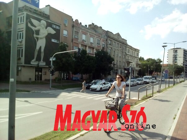 Újvidéken, az Eko-Kurir szervezésében a bringázók idegenvezető kíséretében tekinthetik meg a leghíresebb városi falfestményeket. A sétány mellett húzódó kerékpárösvényről akaratlanul is rátéved a tekintetünk a 2017 tavaszán egy korzikai művész által felfestett Békeangyalra, pontosabban annak rekonstruált változatára, ugyanis az eredeti falfestményt lemosta az eső (Szeli Balázs felvétele)