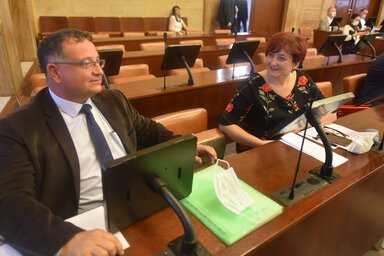 A koronavírus-járvány miatt a tegnapi városi parlament ülését a tartományi képviselőházban tartották meg, felvételünkön Kiss Gyula és Ladisity Melinda, akik a VMSZ-t és az újvidéki magyarság érdekeit képviselik a városi-képviselő testületben (Ótos András 