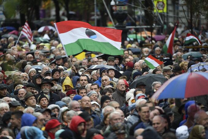 A Terror Háza Múzeumnál az eső ellenére több ezren gyűltek össze (Fotó: MTI)
