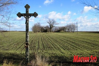 A romos tanya egykori bejárata előtt még áll a feszület a topolyai határban (Tóth Péter felvétele)