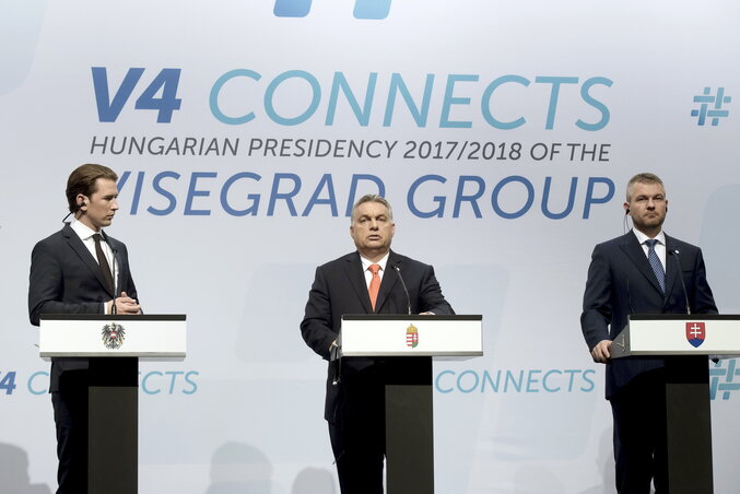 Sebastian Kurz osztrák kancellár, Orbán Viktor magyar kormányfő és Peter Pellegrini szlovák miniszterelnök (Fotó: MTI)