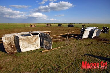 A kivénhedt autókból akár marhakarámot is készíthetünk. A Hódegyháza határában tíz éve készült felvételen látható gépkocsik mindegyike a „saját lábán” jutott ki a pusztára. Idővel az ócskavasasok felvásárolták mindegyiket. (Fotó: Gergely József)
