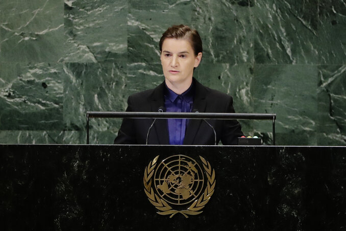 Ana Brnabić szerb kormányfő beszédet mond az ENSZ közgyűlésén (Fotó: Beta)