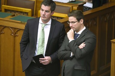 Kocsis Máté és Gulyás Gergely az Országházban (fotó: MTI)