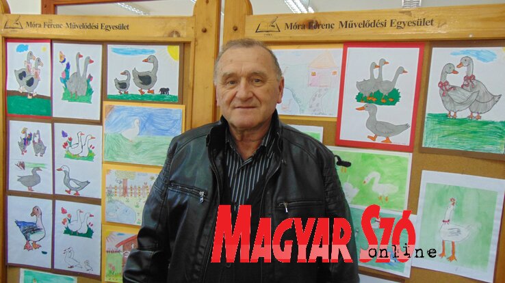 Az esemény házigazdája, Erdélyi Imre, a csókai alsósok liba témájú rajzaival (Balázs Andrea felvétele) Az esemény házigazdája, Erdélyi Imre, a csókai alsósok liba témájú rajzaival (Balázs Andrea felvétele)