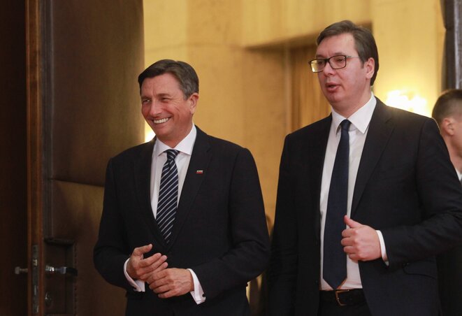 Pahor és Vučić a Szerbia Palotában megtartott közös sajtótájékoztató után (Fotó: Beta)