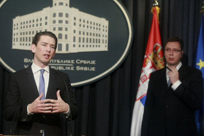Sebastian Kurz és Aleksandar Vučić közös sajtótájékoztatóján (Fotó: Beta/Miloš Miškov)
