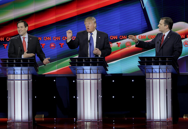Marco Rubio, Donald Trump és Ted Cruz a heves houstoni szócsata során (Fotó: Beta/AP) Marco Rubio, Donald Trump és Ted Cruz a heves houstoni szócsata során (Fotó: Beta/AP)