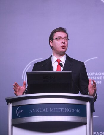 Beograd, 08.03.2016. -Premijer Srbije Aleksandar Vucic govorio je na otvaranju "Kopaonik biznis foruma 2016", danas u Kongresnom centru Kopaonik.      (BETAPHOTO/vLADA SRBIJE/SLOBODAN MILJEVIC/MO)