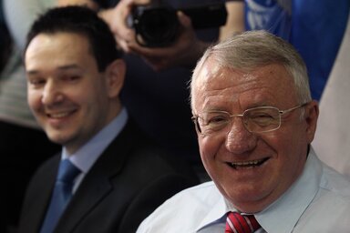 Šešelj az ítélethirdetést követően megtartott sajtótájékoztatón (Beta/Milan OBRADOVIĆ)