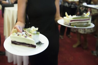 Magyarország cukormentes tortája, az Áfonya hercegnő torta (balról) és az ország tortája, az Őrség Zöld Aranya (Fotó: MTI – Koszticsák Szilárd )